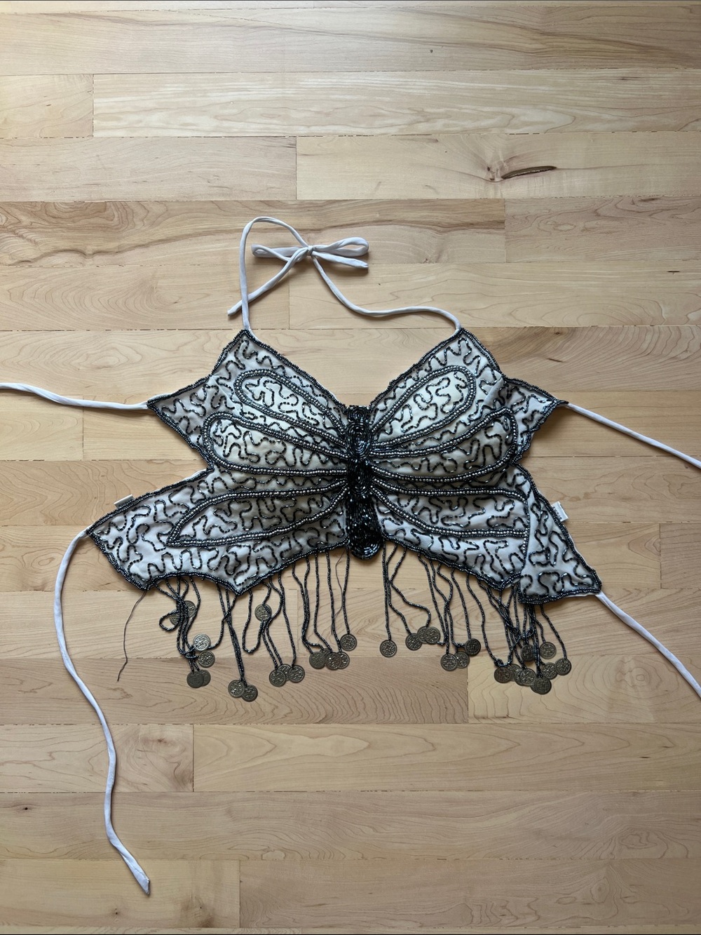 Beaded Butterfly Tie-Top in White and Navy blue